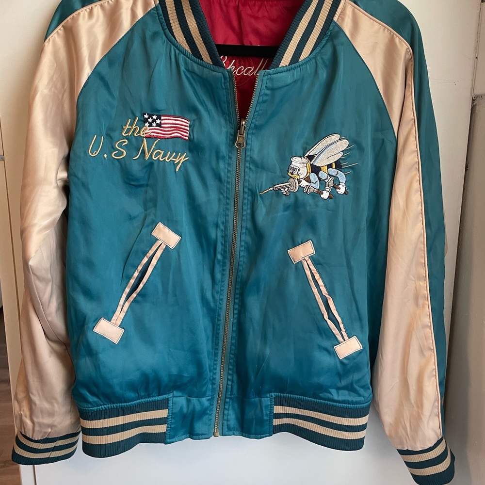 Reversible satin souvenir bomber jacket embroidered U.S. Navy SeaBees Japan